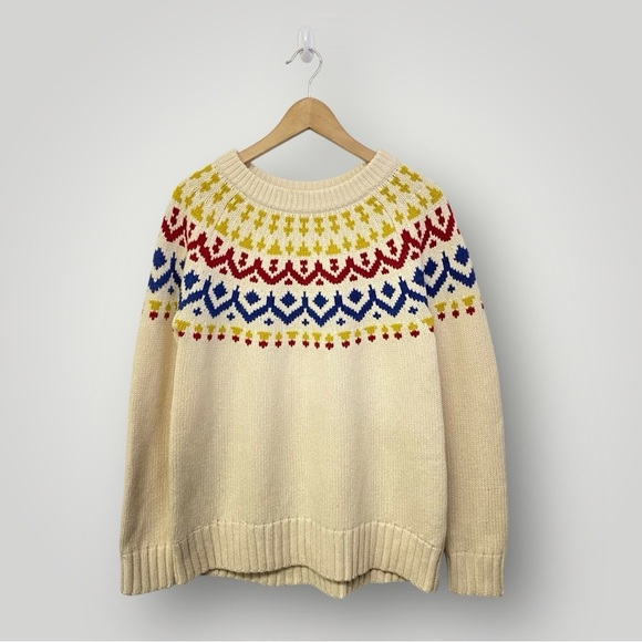 J. Crew Wool Blend Fair Isle Ski Sweater L Ivory/Blue/Red/Green Off White - Picture 2 of 8